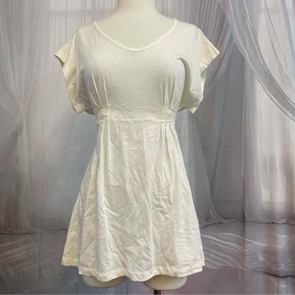 Y2K Babydoll Tie-Back Ivory V-Neck Top Short Sleeve Pleated Women's Size L Large